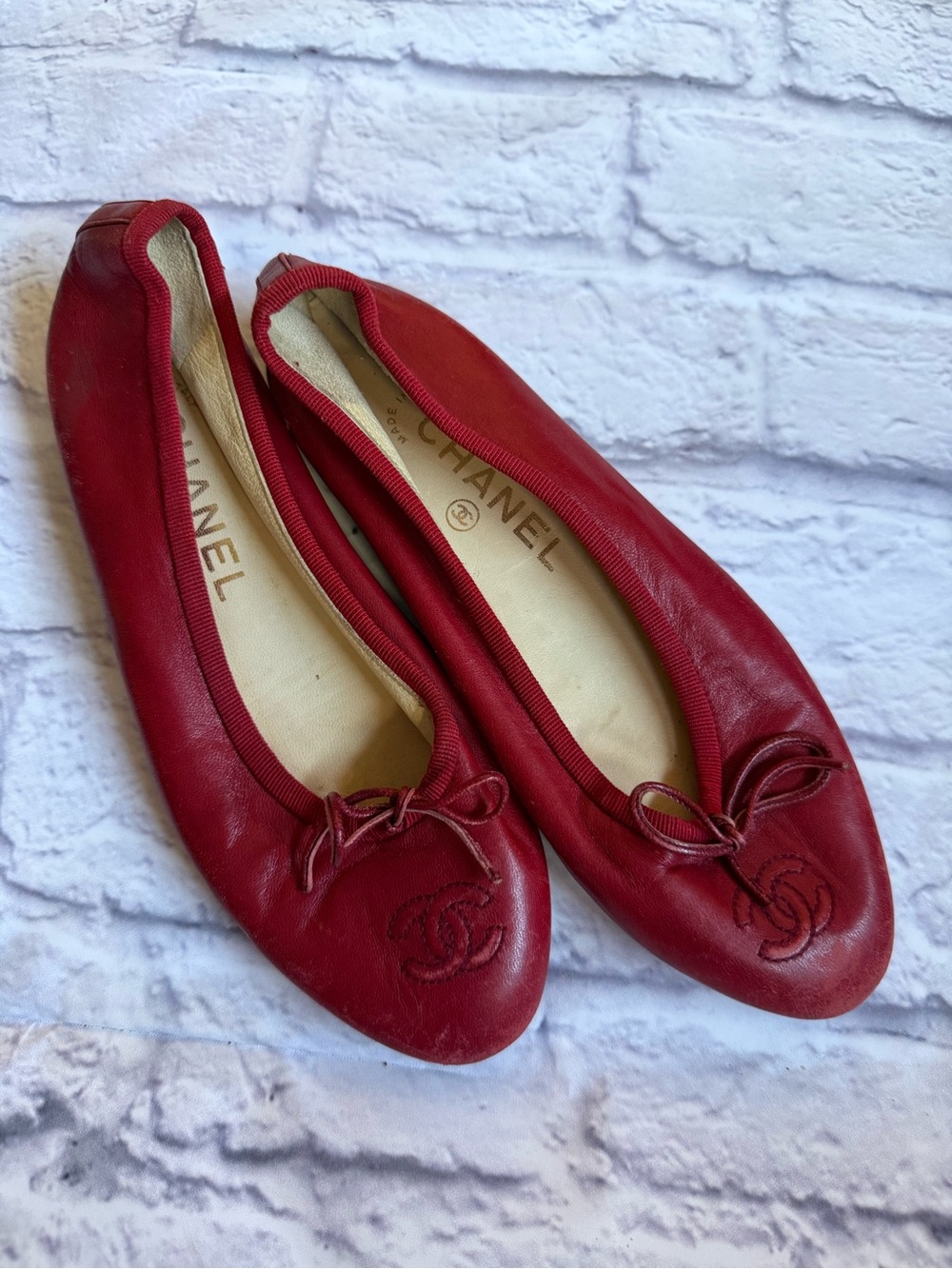 CHANEL Red Leather Ballet Flats